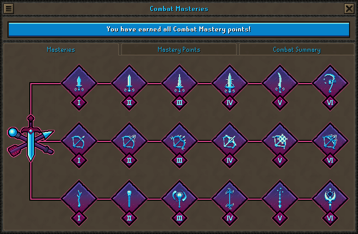 The Raging Echoes Combat Masteries screen: Melee, Ranged and Magic, six tiers each