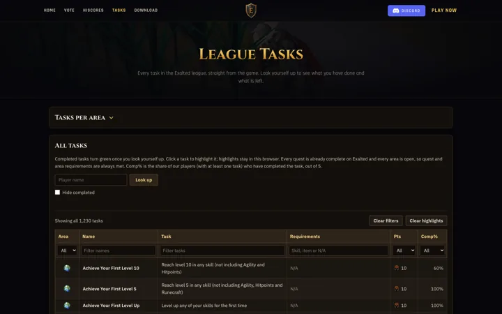 League tasks on the website
